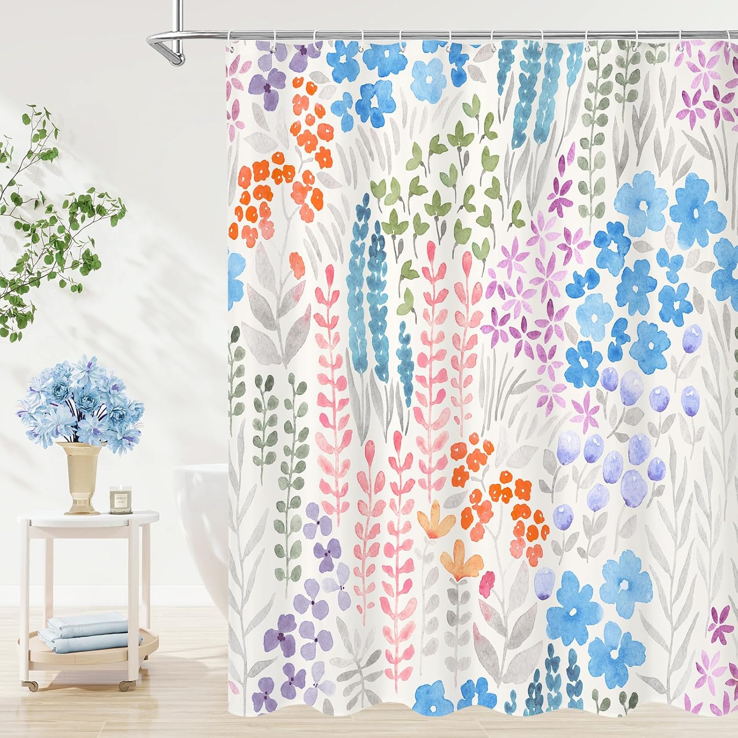 Cute Colorful Floral Shower Curtain, Blue Boho Flower Design, Trendy Wildflower Botanical Waterproof Bathroom Curtain with Hooks, 72x72 Inches