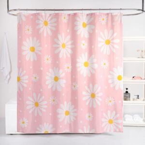Pink Floral Shower Curtain, Cute Daisy Design, Washable Waterproof Fabric Bathroom Curtain with 12 Hooks, Modern Colorful Aesthetic Decor, 72x72 Inches