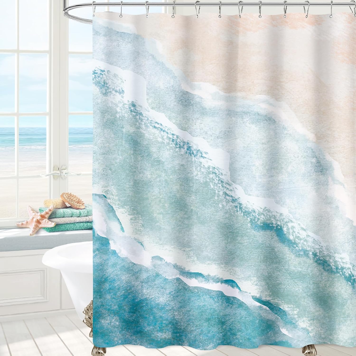 Beach Ocean Themed Shower Curtain, Teal Blue Nautical Coastal Design, Tropical Fabric Bathroom Curtain with Hooks, 72x72 Inches