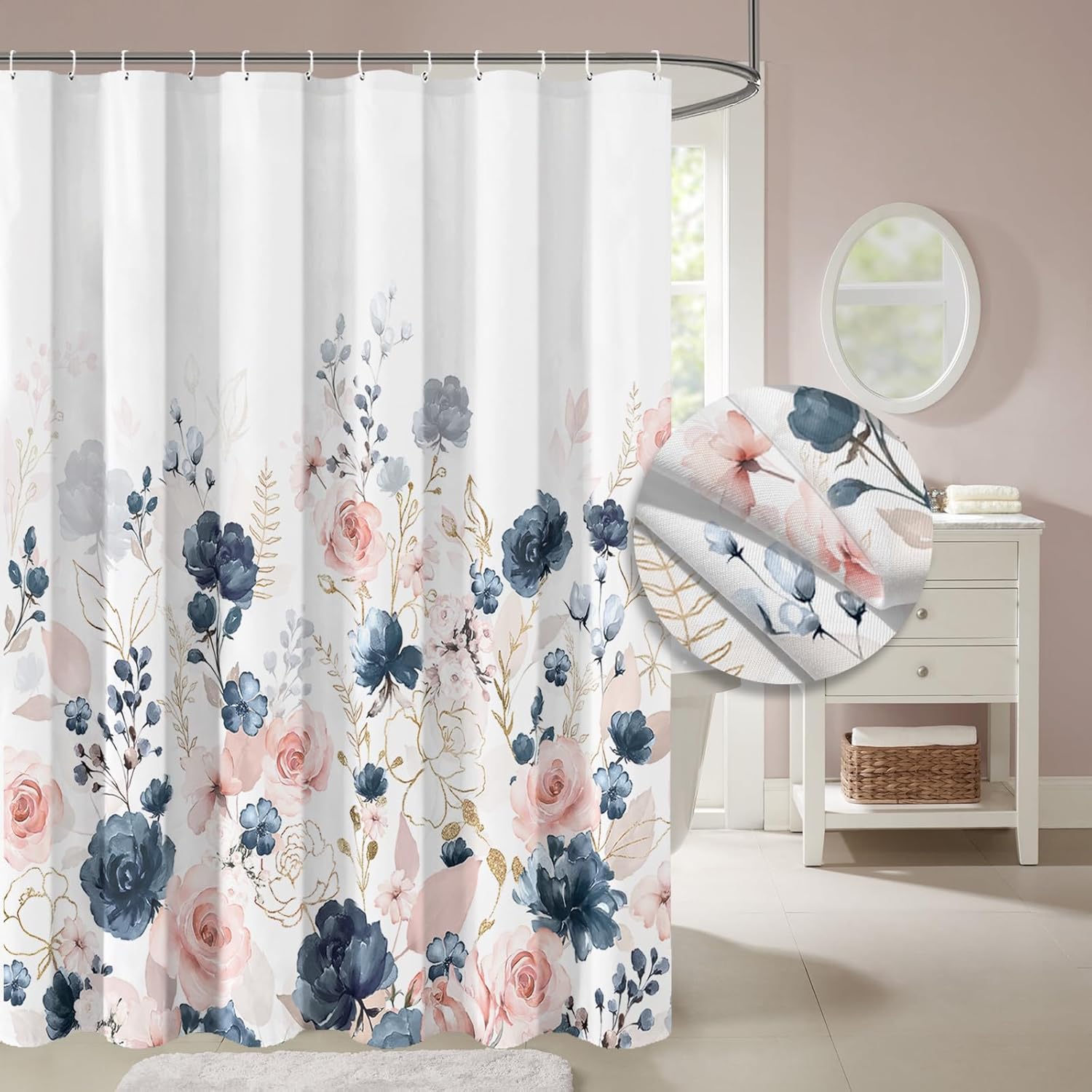 Navy Blue and Pink Rose Floral Shower Curtain, Watercolor Gold Flowers and Leaves, 72x72 Waterproof Polyester Fabric Bath Curtain with Hooks - Image 3
