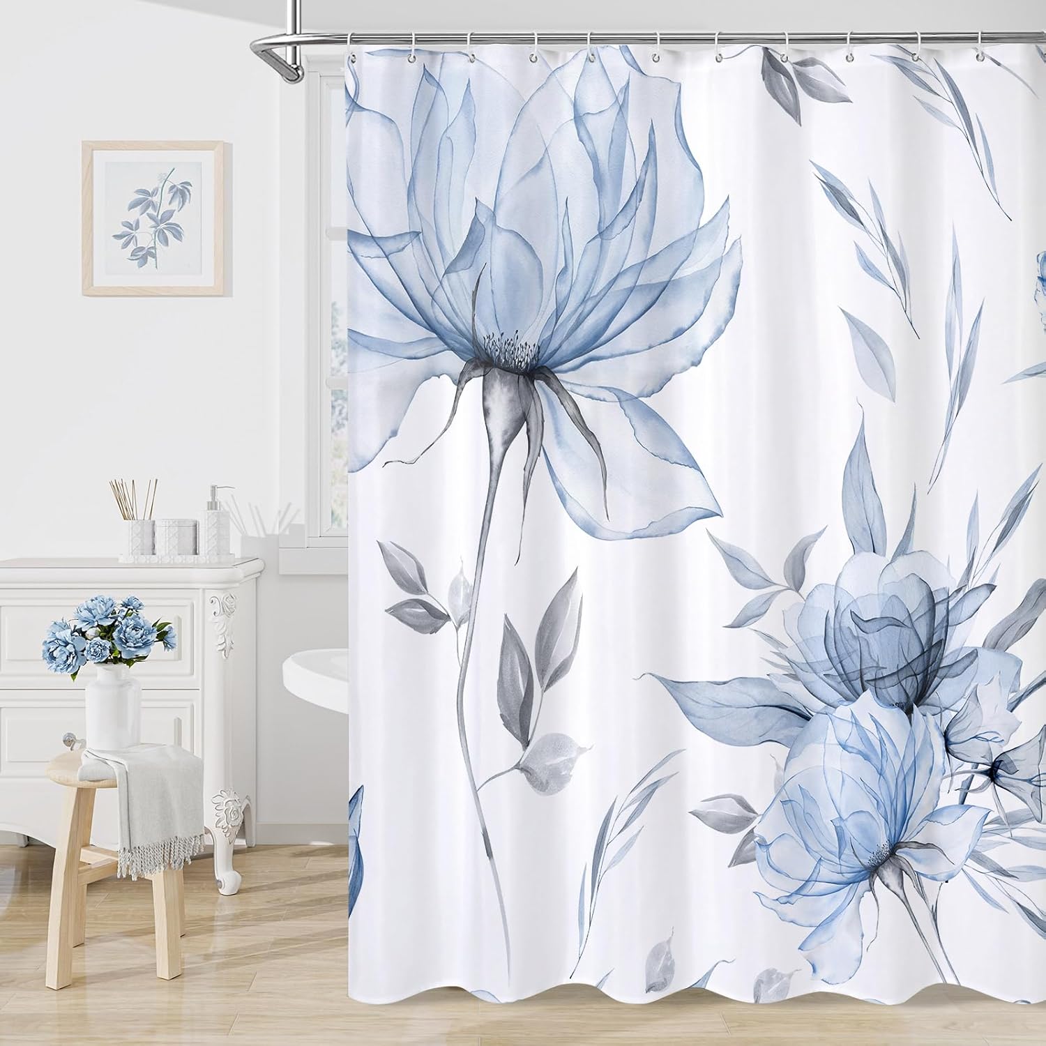 Blue and Grey Boho Watercolor Floral Shower Curtain, Ink Painting Blossom and Leaf Design, Artistic Fabric Bathroom Curtain, 72x72 Inches with Hooks - Image 2