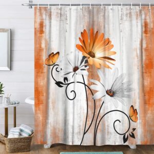 Rustic Farmhouse Shower Curtain, Orange Daisy Floral and Butterfly Design on Country Wooden Background, Autumn Bathroom Curtain with 12 Hooks, Yellow Grey Red Gold, 72x72 Inches