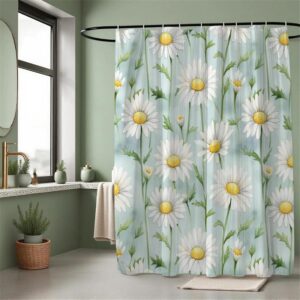 Cute Daisy Floral Shower Curtain, Blue Rustic Farmhouse Design, Washable Waterproof Polyester Fabric Bath Curtain, Modern Aesthetic Bathroom Decor, 72x72 Inches with Hooks