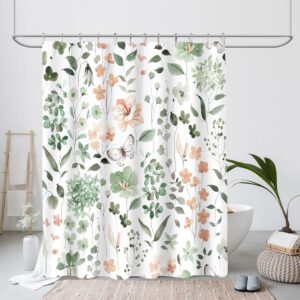Cute Floral Shower Curtain, Sage Green Flower Design, Spring and Summer Wildflower Butterfly Fabric Bathroom Curtain with Hooks, 72x72 Inches