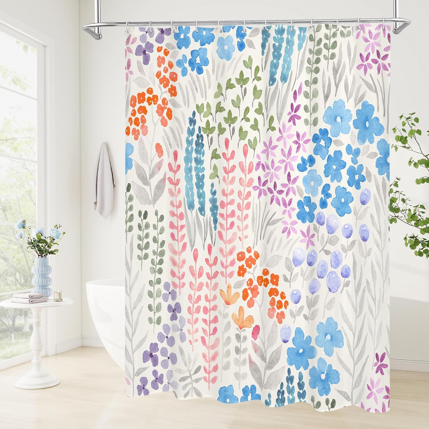 Cute Colorful Floral Shower Curtain, Blue Boho Flower Design, Trendy Wildflower Botanical Waterproof Bathroom Curtain with Hooks, 72x72 Inches - Image 4