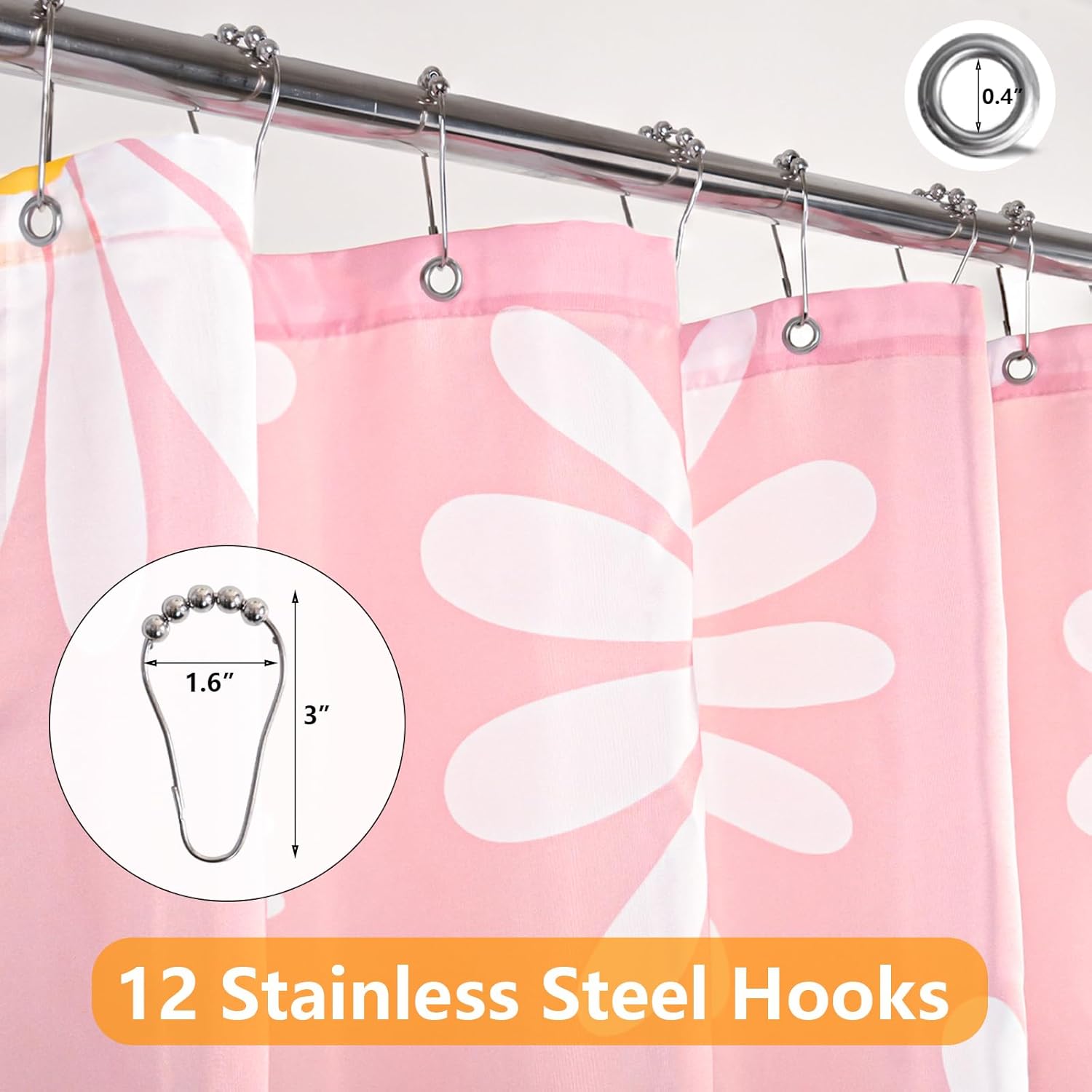 Pink Floral Shower Curtain, Cute Daisy Design, Washable Waterproof Fabric Bathroom Curtain with 12 Hooks, Modern Colorful Aesthetic Decor, 72x72 Inches - Image 4