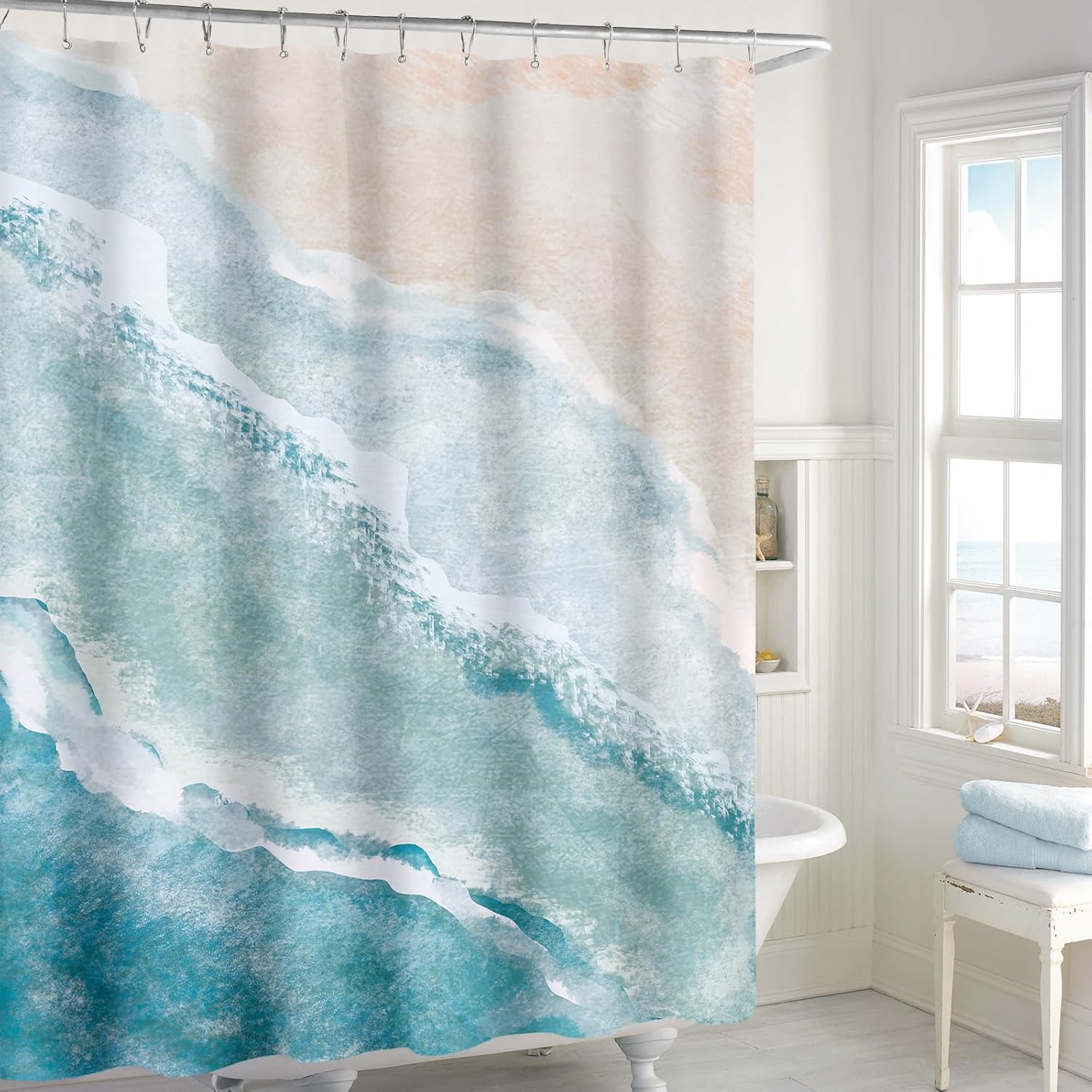 Beach Ocean Themed Shower Curtain, Teal Blue Nautical Coastal Design, Tropical Fabric Bathroom Curtain with Hooks, 72x72 Inches - Image 4
