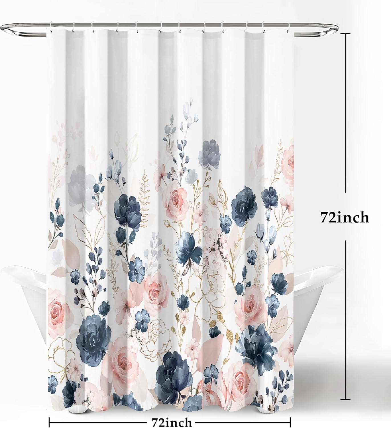 Navy Blue and Pink Rose Floral Shower Curtain, Watercolor Gold Flowers and Leaves, 72x72 Waterproof Polyester Fabric Bath Curtain with Hooks - Image 4