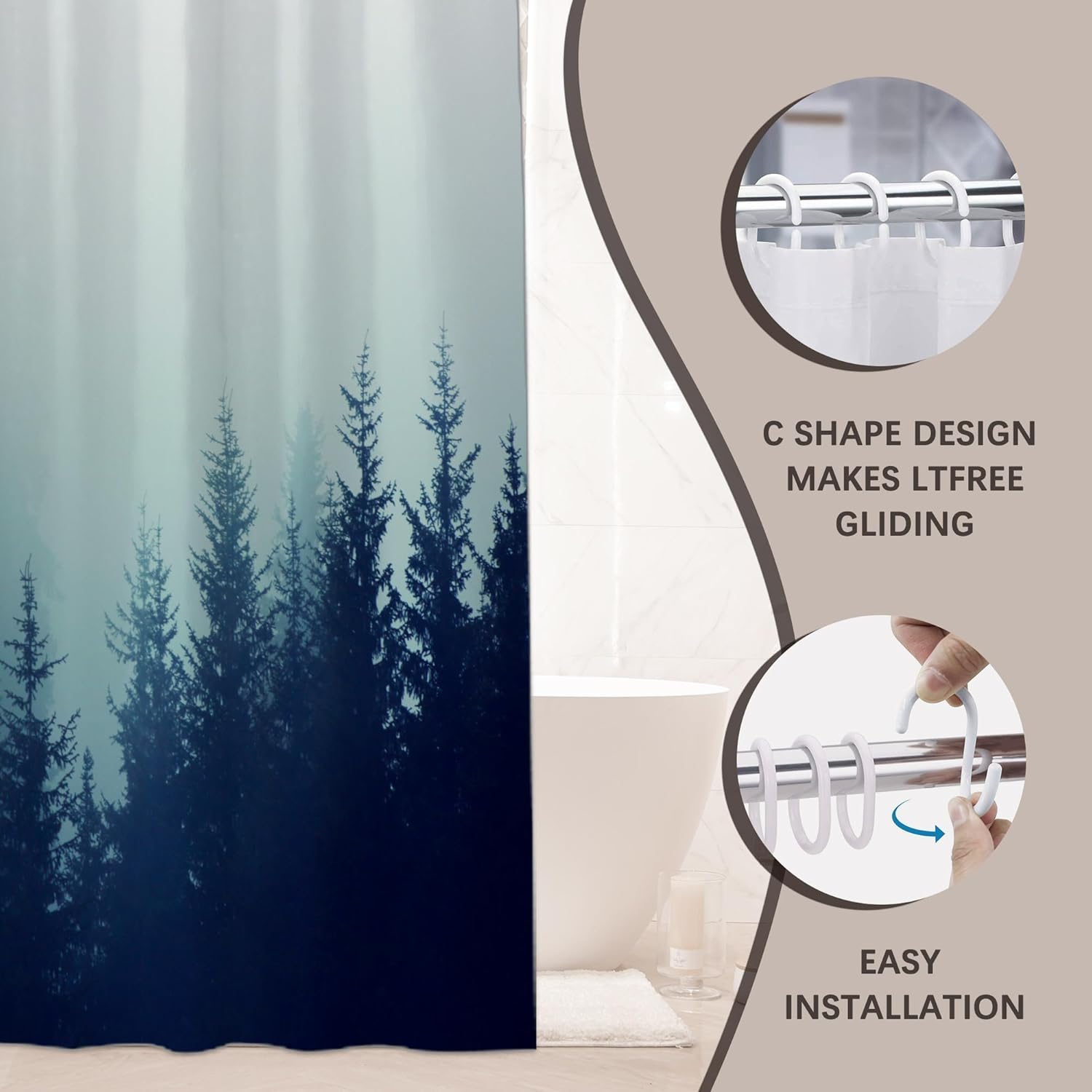 Nature Scenic Forest Shower Curtain, Outdoor Waterproof Polyester Fabric Bath Curtain with 12 Hooks, 72x72 Inch Bathroom Decor Accessory - Image 3