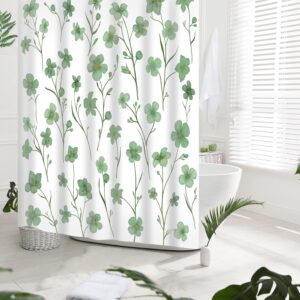 Floral Shower Curtain, Sage Green Spring Flower Watercolor Design, Modern Printed Waterproof Bathroom Curtain with 12 Hooks, 72x72