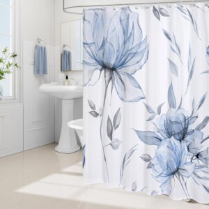 Blue and Grey Boho Watercolor Floral Shower Curtain, Ink Painting Blossom and Leaf Design, Artistic Fabric Bathroom Curtain, 72x72 Inches with Hooks