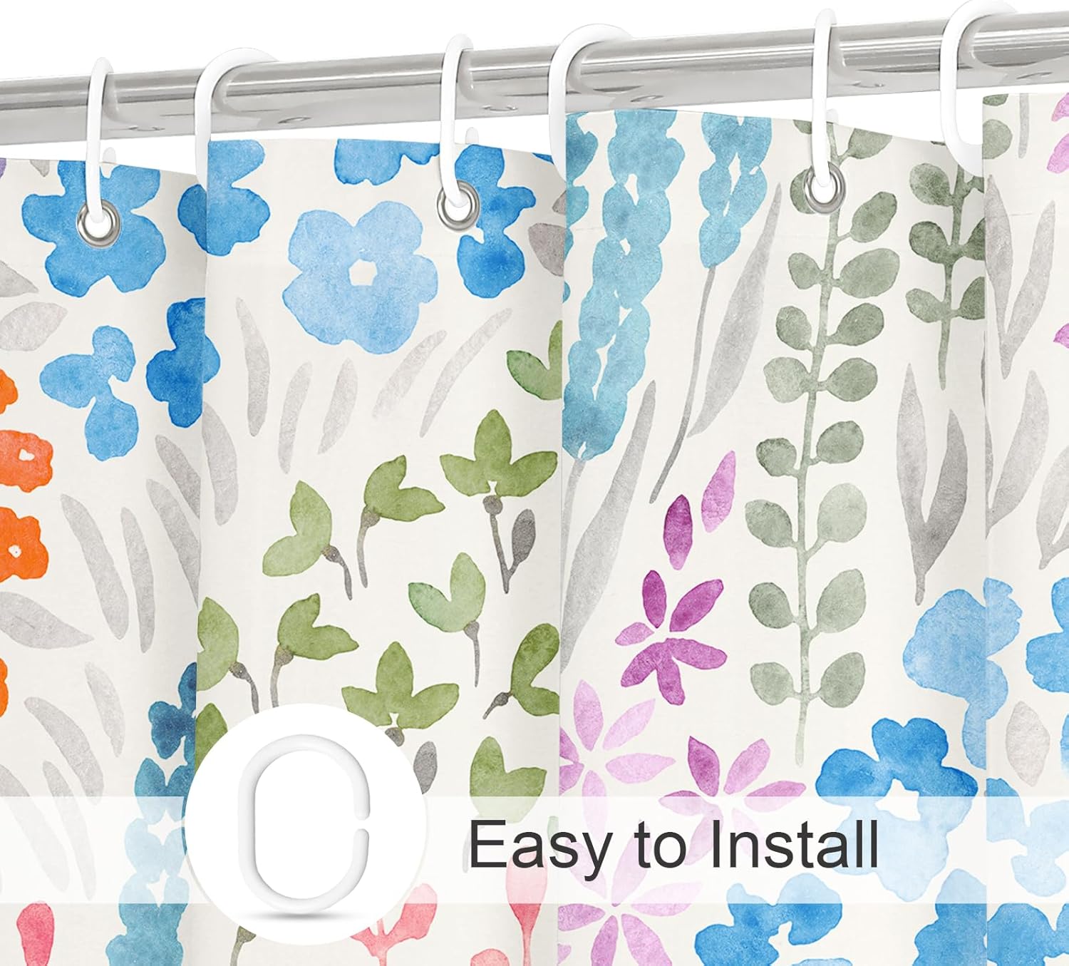 Cute Colorful Floral Shower Curtain, Blue Boho Flower Design, Trendy Wildflower Botanical Waterproof Bathroom Curtain with Hooks, 72x72 Inches - Image 3