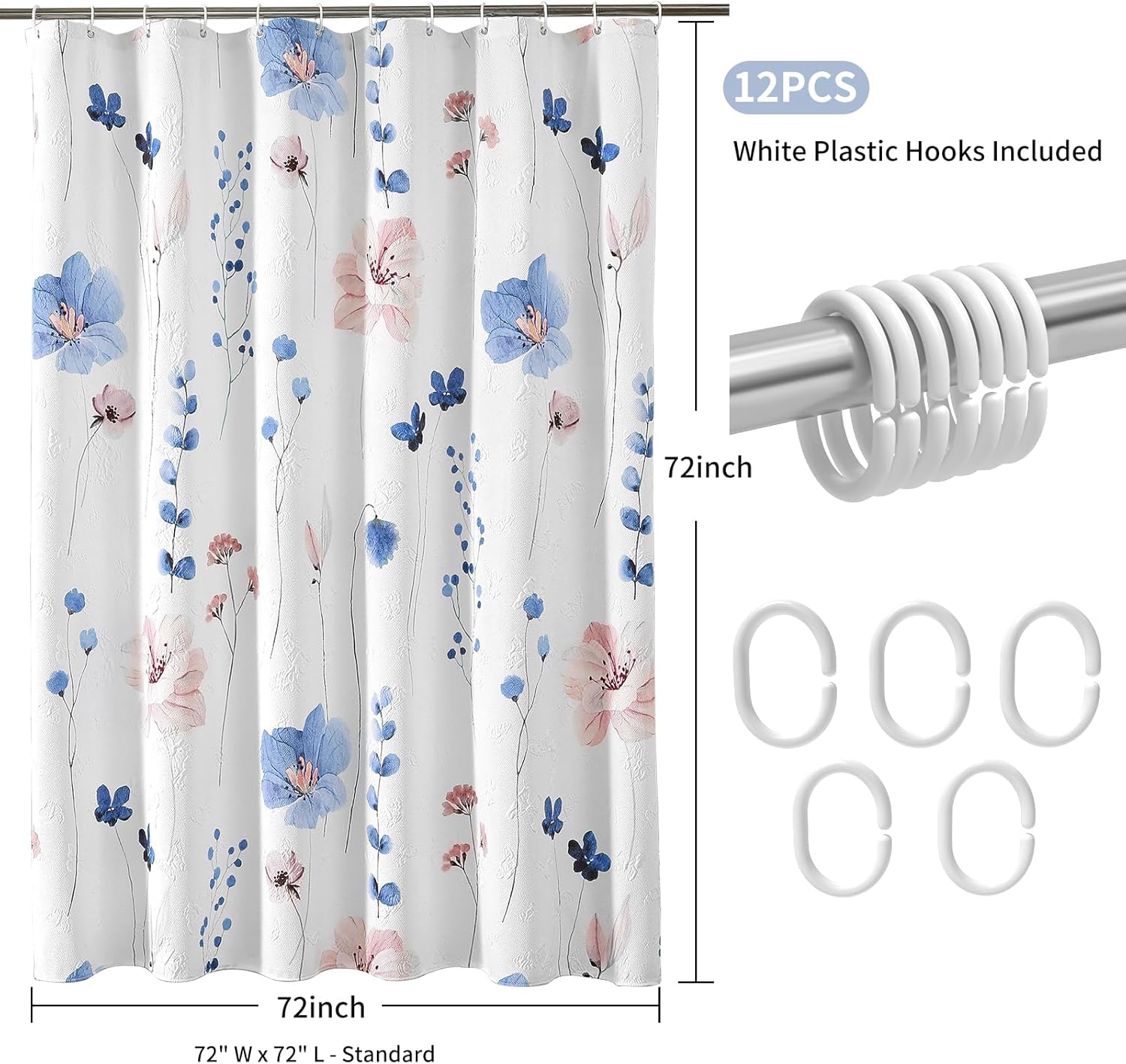 Watercolor Floral Shower Curtain, 3D Embossed Butterfly and Blue Pink Flower Design, Minimalist White Waterproof Fabric Bathroom Curtain with Hooks, 72x72 Inches - Image 3