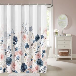 Navy Blue and Pink Rose Floral Shower Curtain, Watercolor Gold Flowers and Leaves, 72x72 Waterproof Polyester Fabric Bath Curtain with Hooks