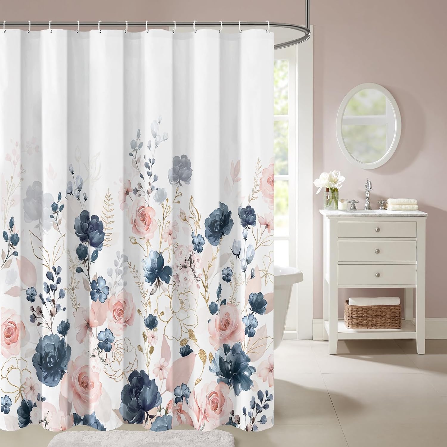 Navy Blue and Pink Rose Floral Shower Curtain, Watercolor Gold Flowers and Leaves, 72x72 Waterproof Polyester Fabric Bath Curtain with Hooks