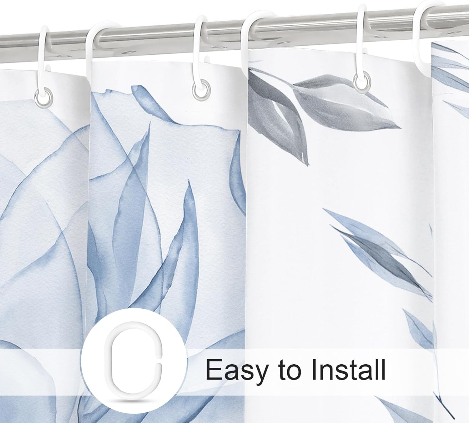 Blue and Grey Boho Watercolor Floral Shower Curtain, Ink Painting Blossom and Leaf Design, Artistic Fabric Bathroom Curtain, 72x72 Inches with Hooks - Image 3