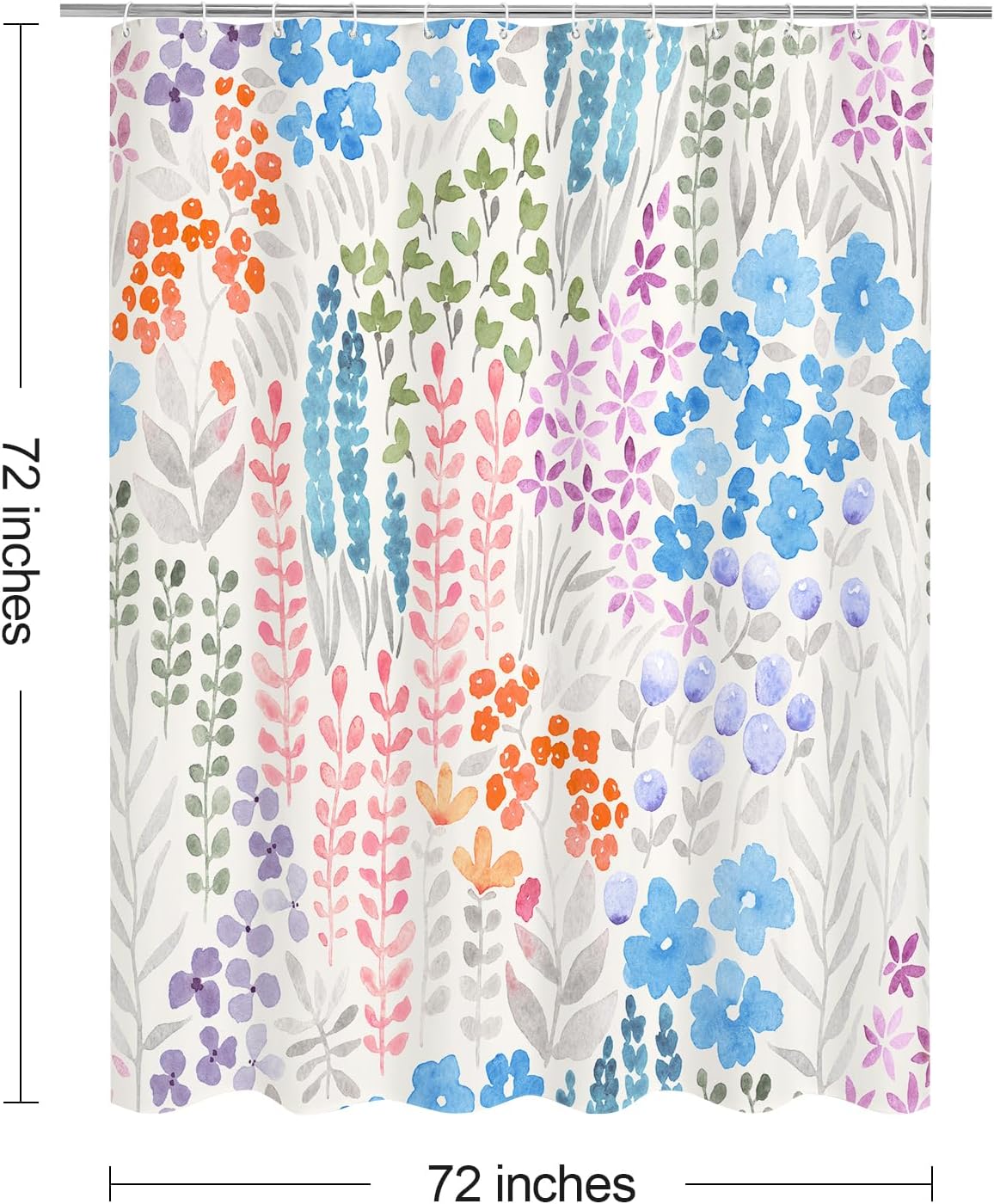 Cute Colorful Floral Shower Curtain, Blue Boho Flower Design, Trendy Wildflower Botanical Waterproof Bathroom Curtain with Hooks, 72x72 Inches - Image 2