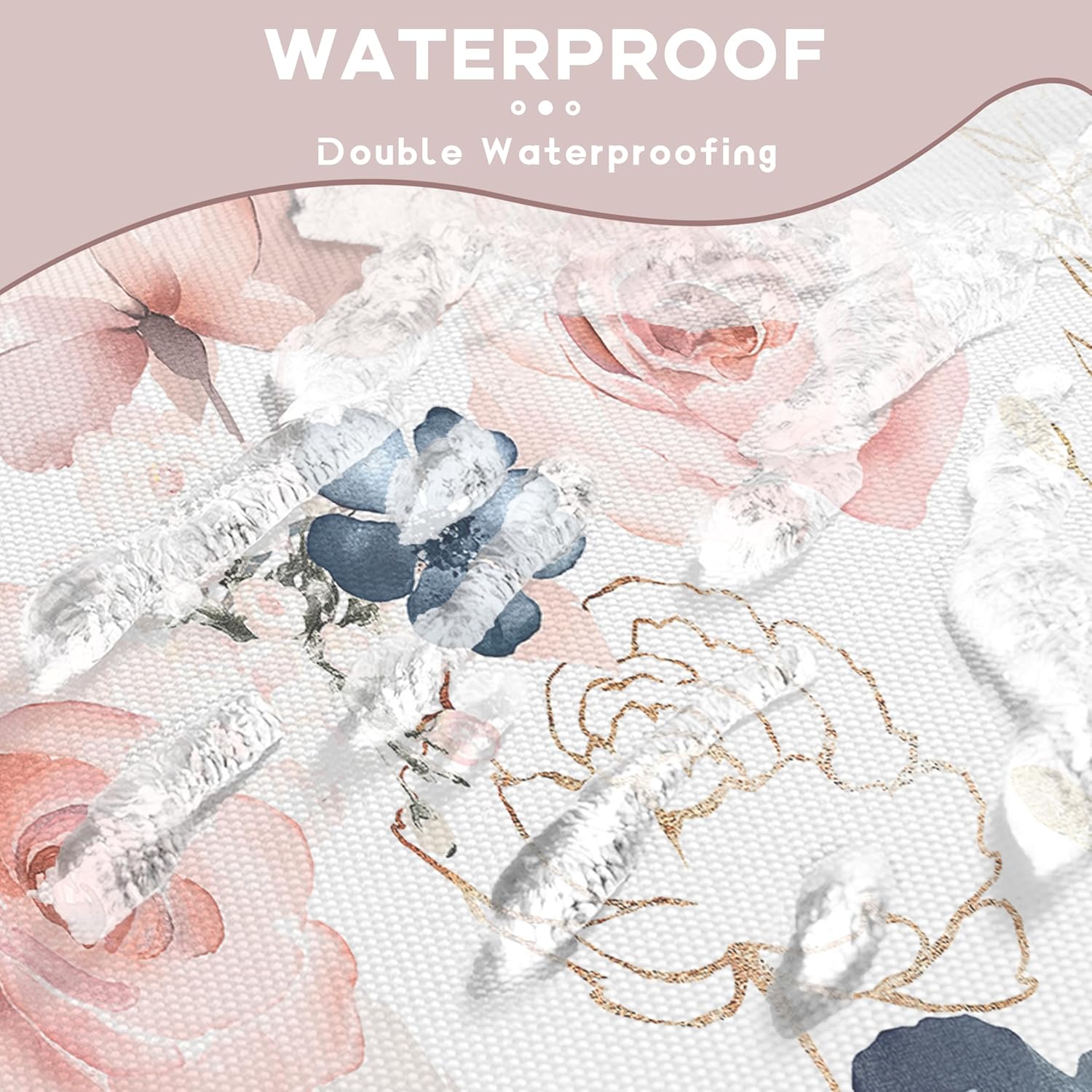 Navy Blue and Pink Rose Floral Shower Curtain, Watercolor Gold Flowers and Leaves, 72x72 Waterproof Polyester Fabric Bath Curtain with Hooks - Image 2