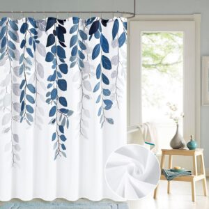 Blue Eucalyptus Shower Curtain for Bathroom, Floral Watercolor Leaves Design, Botanical Nature Fabric Bath Curtain with Hooks, 72x72